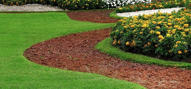 a lawn with healthy grass and brightly colored mulch